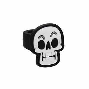 Cartoon skull Halloween ring made of soft PVC rubber for kids, centered on white background