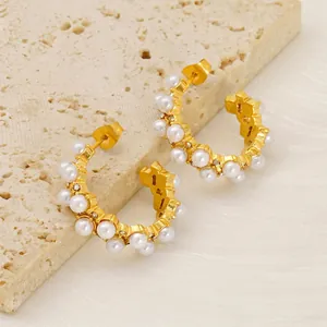 C-Shaped Artificial Pearl Rhinestone Stud Earrings Stainless Steel With 18K Gold Plated Retro Light Luxury Fashion For Women