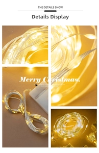 Detailed macro view of warm white LED beads on silver wire with battery control box