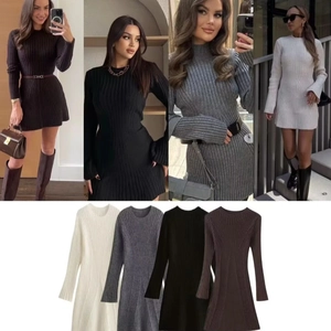Robe Mini En Tricot Côtelé À Manches Longues Pour Femmes Bodycon Coupe Slim Col Montant Couleur Unie Automne Hiver