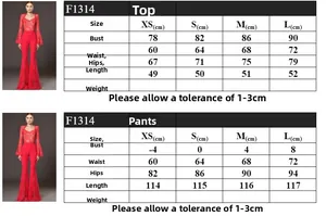 Tableau des tailles détaillé pour haut en dentelle et pantalon large avec mesures en cm