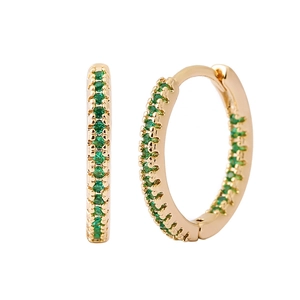 Elegant 12mm gold hoop earrings with row of sparkling green zircons on white background