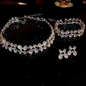 Elegant Rhinestone Alloy Jewelry Collection Layered Necklace Bracelet Stud Earrings With Silver Earring Post Oval Design