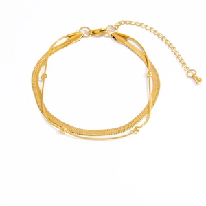 Double-layered 18K gold-plated stainless steel snake chain bracelet with metallic beads