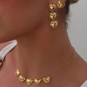 Bijoux Coeur Collier Boucles Oreilles Pendantes Clous Or 18K Acier Inoxydable 316L Bord Perlé Mode Romantique Femmes