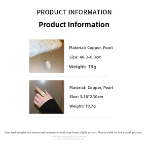 Détails du collier et de la bague en perles dorées avec mesures de taille précises