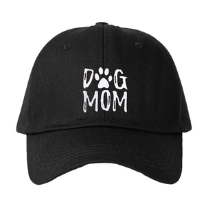 Black cotton baseball cap featuring white DOG MOM print with a paw icon on white background