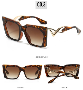 Three views of tortoise cat-eye sunglasses with gradient lenses and gold curved temples