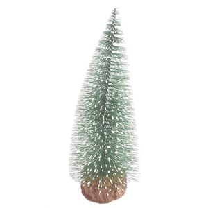 Mini artificial frosted Christmas tree with white snow flocking and natural wood base