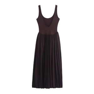 Detailed close-up of dark brown sleeveless dress featuring mesh patchwork and U-neckline