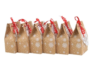 Detailed set of 6 kraft Christmas candy boxes with red ribbons and festive cutout cards