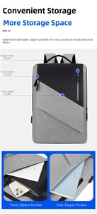 Detail of grey business backpack showing USB charging port and multi-layer storage pockets