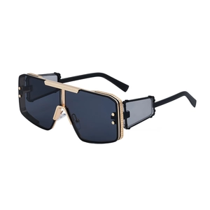 Steampunk oversized square sunglasses with gold and black metal frame in retro style