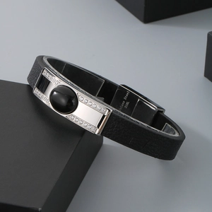 Double-layer black leather bracelet with crystal-inlaid stainless steel plate for men