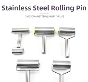 Set of five stainless steel rolling pins with single and double rollers for baking