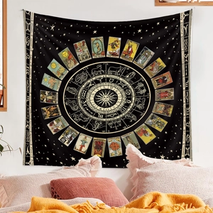 Detail of tarot card and zodiac constellation array on black decorative tapestry