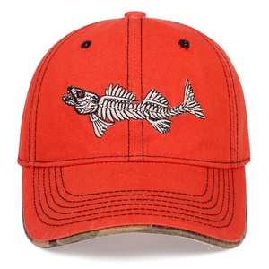 Close-up of red baseball cap featuring white fishbone embroidery and camouflage brim edge