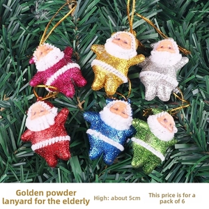 Set of six colorful glitter Santa Claus ornaments, 5cm height, with golden hanging strings