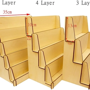 Comparison of 3-tier and 4-tier wooden stepped display stands with dimensions in natural finish