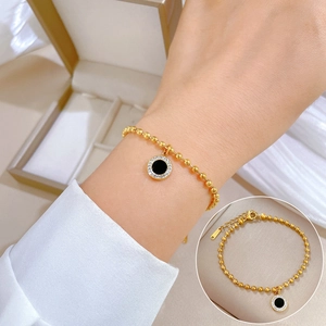 Stainless Steel Round Bead Chain Bracelet Circular Pendant Black Disc Rhinestones Elegant Jewelry For Women