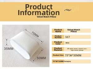 Detailed specs of velvet watch pillow with dimensions 75x50x35mm in cream white