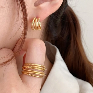Minimalist gold plated 925 silver braided hoop earrings and layered ring set for women