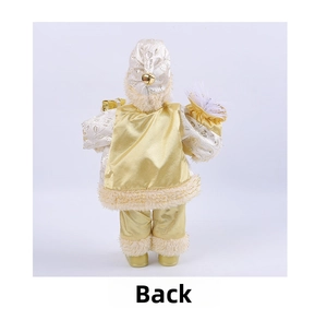 Detail of Santa figurine back showing satin fabric, faux fur trim, and golden bell on hat