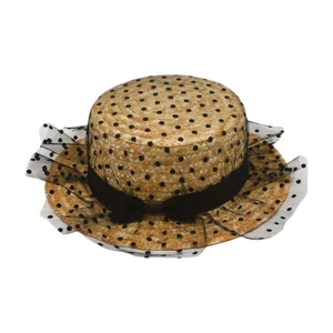 Damen Strohhut mit schwarzem Punkt-Netzschleier und eleganter Schleife für Sommer