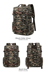 Detailed views of the camo canvas backpack showing front and back padded shoulder straps