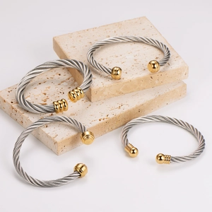 Twisted Wire Cable Cuff Bracelet 304 Stainless Steel Dual Tone Open Bangle With Gold Plated Ball Ends Minimalist Jewelry