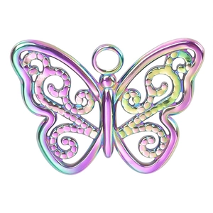 Macro detail of iridescent butterfly pendant with hollow scroll patterns for DIY jewelry