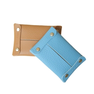 Portable lychee grain leather tissue cover pouch with metal snap button in blue and brown