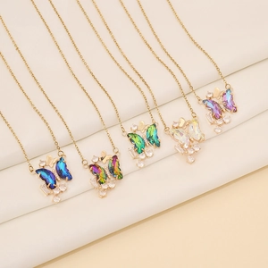 Butterfly Pendant Necklace Stainless Steel Copper With Gradient Glass Crystal And Rhinestones Fashion Women Jewelry