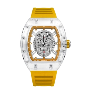Fashionable skeleton tonneau watch with yellow rubber strap and sparkling rhinestones