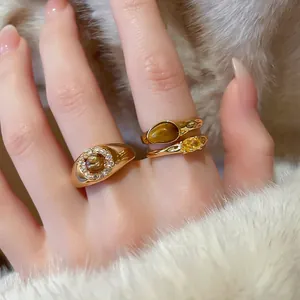 Vintage Open Ring Adjustable Copper Real Gold Plated Tiger Eye Stone Zircon Oval Geometric Finger Jewelry For Women