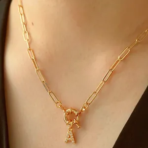Initial Letter Pendant Necklace Copper Gold Plated Paperclip Chain Pave Zirconia Minimalist Fashion Jewelry For Women