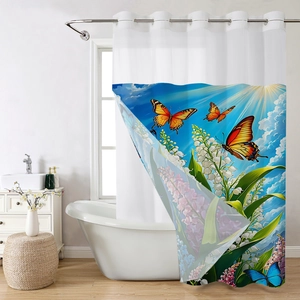Detail view of double-layer waterproof shower curtain with floral and butterfly patterns