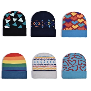Rainbow striped and patterned winter knit beanies for men and women in various styles