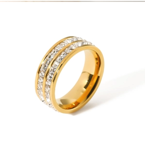 Detail shot of double-row square-cut cubic zirconia on gold plated stainless steel ring