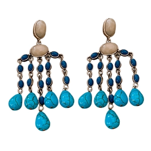 Vintage water drop tassel earrings with blue and turquoise stones in antique gold finish