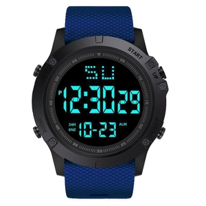 Close-up of digital sports watch face with blue textured strap and clear LCD display