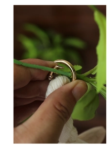 Detail showing a golden metal C-ring clasp holding a white woven cotton rope and green stem