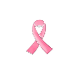 Pink ribbon awareness brooch with silver metal outline for breast cancer support