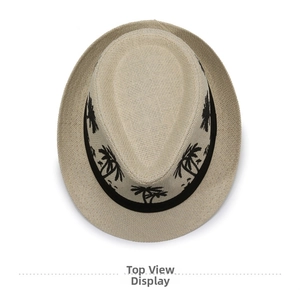 Top view of beige straw jazz hat featuring black palm tree embroidery on the ribbon band