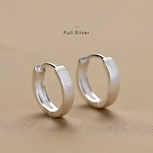 S999 Fine Silver Hoop Earrings Frosted Brushed Minimalist Ear Buckles For Women High End Style Jewelry