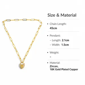 Détails du pendentif cœur en plaqué or 18 carats avec zircon sur chaîne trombone