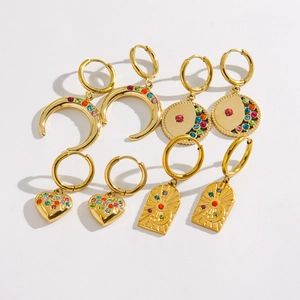 Gold stainless steel earrings set with colorful crystals in heart and moon designs