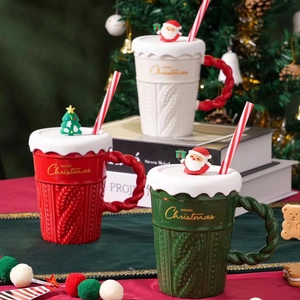 Christmas Sweater Texture Ceramic Mug Lid And Straw Santa Claus Tree Ornament Merry Christmas Gift Cup