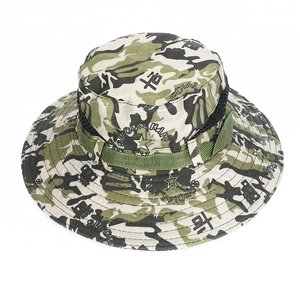 Close-up of wide brim woodland camouflage sun hat with breathable mesh and star prints