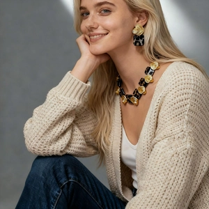 Detail of vintage leopard resin geometric necklace set on model with golden metal finish